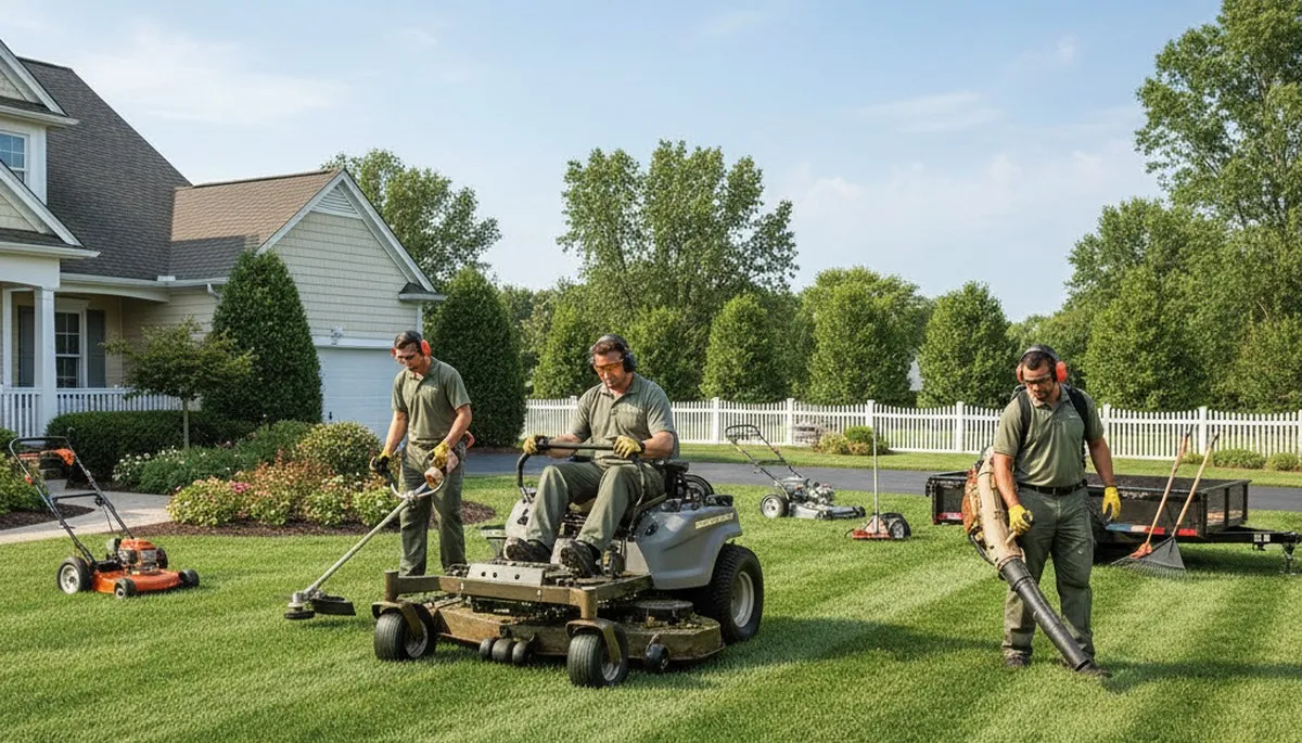 Arbor Tree Care lawn service crew maintaining a Troy, NY yard for healthy, seasonal grass care