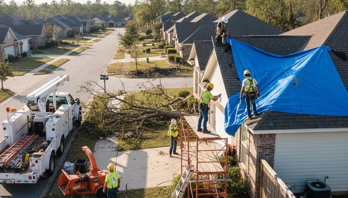 Tree crew removing storm-damaged limbs in Troy, NY after severe weather cleanup