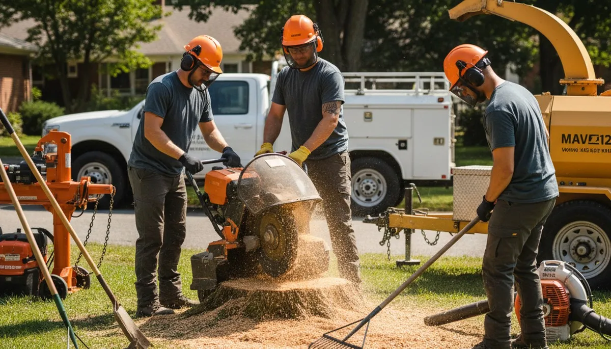 Stump removal crew clearing a yard stump in Troy, NY for Tree Service Troy NY