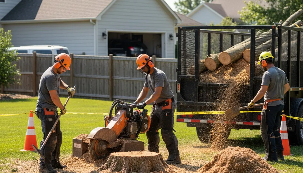 Stump removal crew clearing an unwanted tree stump in Troy, NY yard