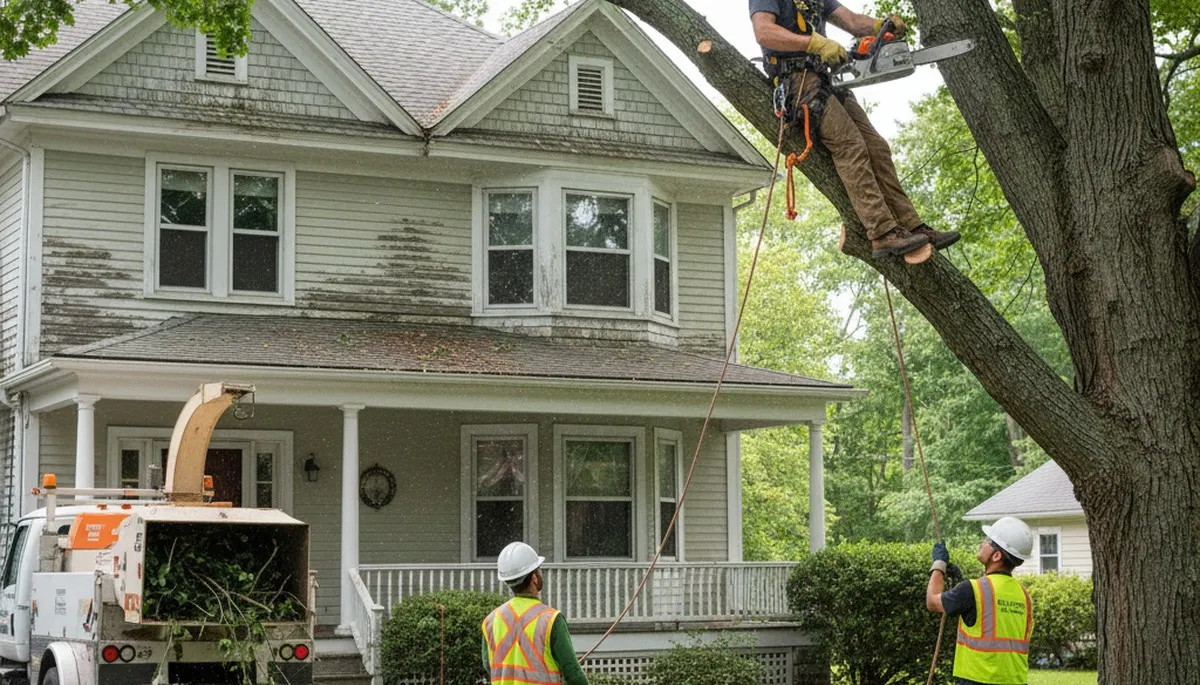 Tree service crew trimming a tree in Troy, NY for safe, professional property maintenance