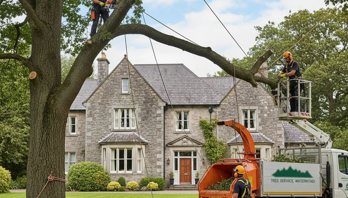 Tree service crew in Troy, NY trimming and removing a large tree near a residential property